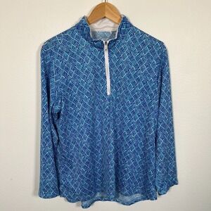 San Soleil Shirt Womens L Long Sleeve UV 50 Sun Blue Print Mesh Vent 1/4 Zip